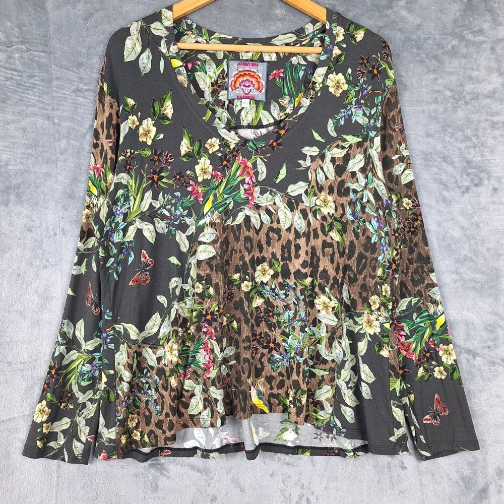 Johnny Was Top Large Ash Bird Leopard Floral Favorite Long Sleeve Swing Tee Boho
